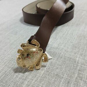 Another Line Dark Brown Leather Belt with Gold Frog Buckle with Rhinestone Eyes.